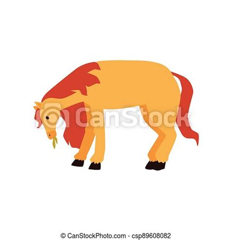 Pony Horse Grazing In Meadow And Eating Hay Flat Vector Illustration