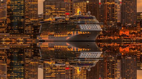 Cruise Ship With Lights And Glittering High Rising Buildings Is