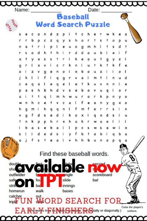 Baseball Word Search Puzzle Fun Activity For Early Finishers Answer