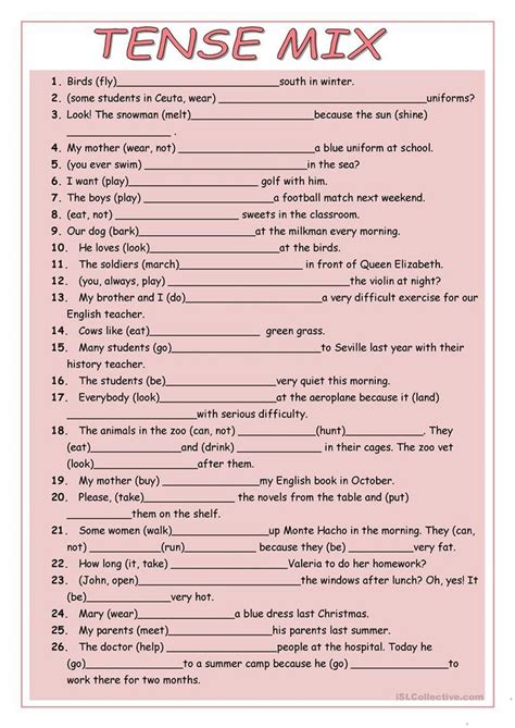 A collection of english esl grammar worksheets for home learning, online practice, distance learning and english classes to teach about. TENSE MIX worksheet - Free ESL printable worksheets made ...