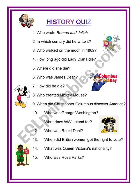 History Quiz Esl Worksheet By Zeline