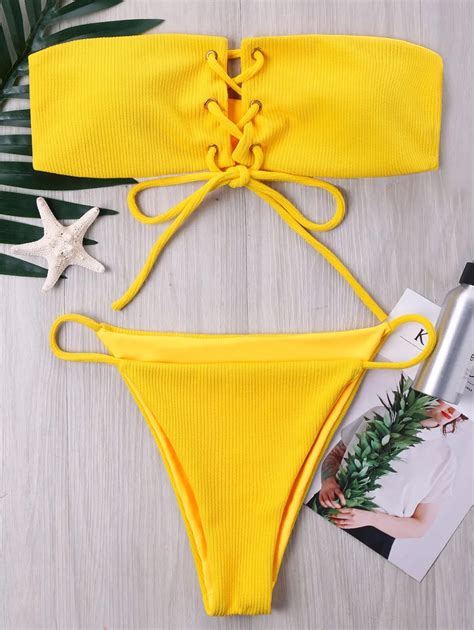 buy women ribbed lace up bandeau bikini set sexy solid low waist strapless