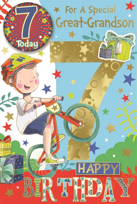 Great Grandson 7th Birthday Card And Badge Boy On Bike With Gold Foil 9