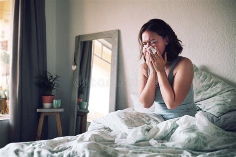 Home Tissue And Woman With The Flu Allergy And Sick In Her Apartment