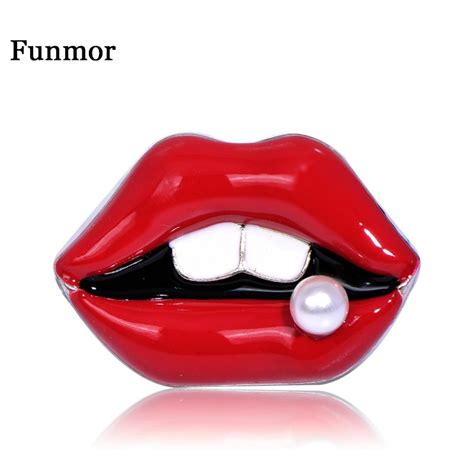 funmor sexy red lips shape tin alloy brooches imitation pearl accessories for women girls