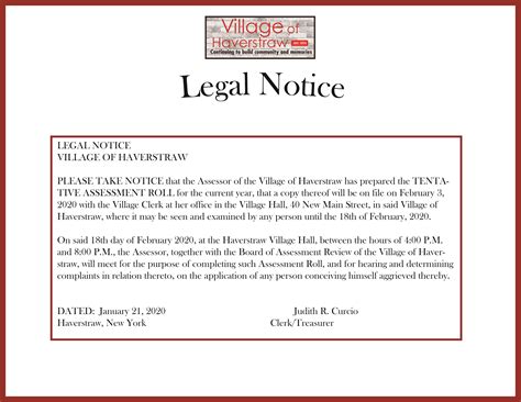 Legal Notice Tentative Assessment Roll The Village Of Haverstraw New York