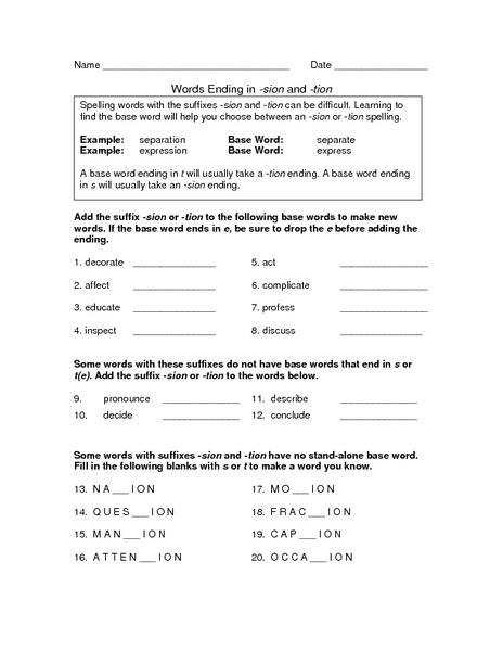 Word Endings Sion And Tion Worksheet For 3rd 4th Grade Lesson Planet
