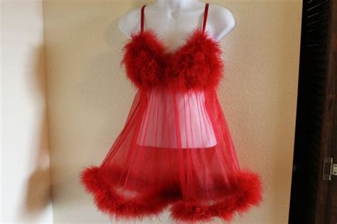 Vintage Red Baby Doll Nightie Marabou Trimmed S Pin Up Etsy