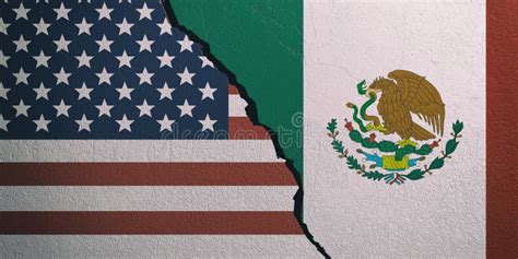 Usa And Mexico Flags On Cracked Wall Background 3d Illustration Stock
