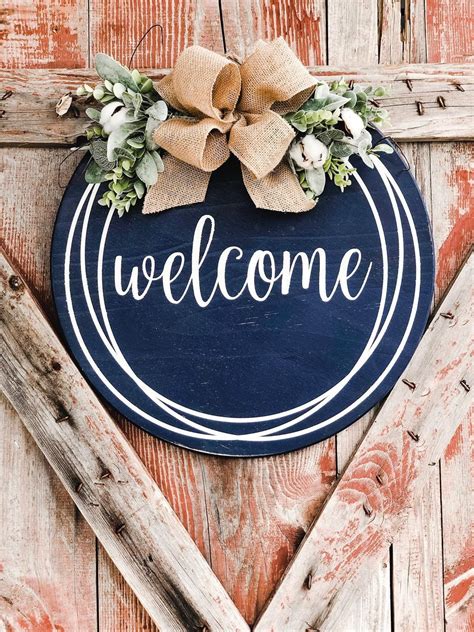 Round Door Hanger Farmhouse Wall Decor Welcome Sign Wooden Welcome