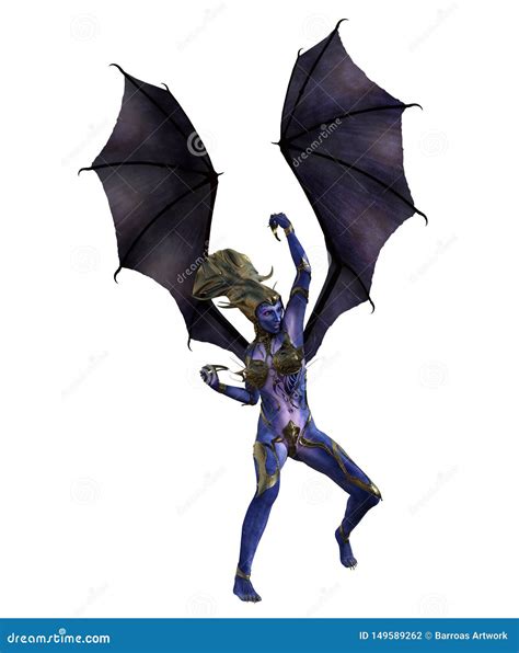 3d Illustration Of A Female Devil With Wings And Blue Skin Stock