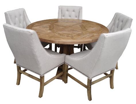Regency styled dining table featuring a light recycled oak parquet inlay top, with thick solid timber fluted edge and double pedestal base in a contrast walnut finish. Parquetry Elm Round Table | Annandale