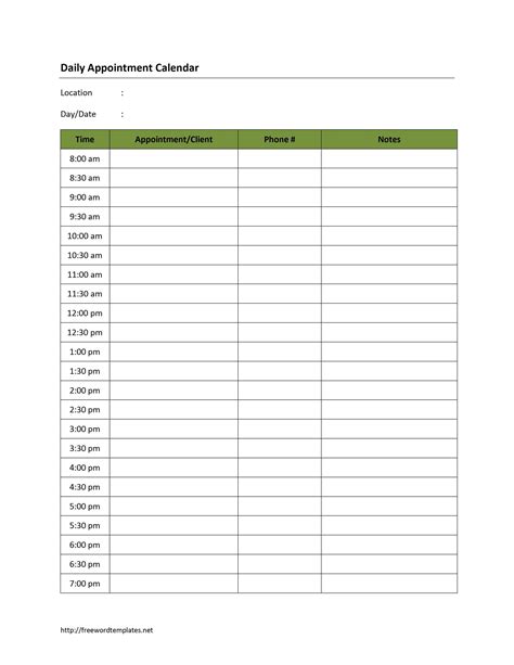 Daily Appointment Calendar Printable Free