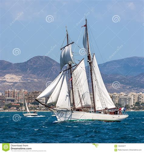 Two Masted Schooner Tall Ship Full Sail Stock Image