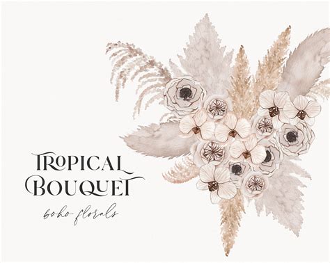 Watercolor Tropical Bouquet Clipart Wedding Boho Floral Border