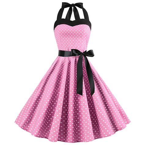 New 2019 Pink Midi Dress Retro Polka Dot Hepburn Vintage 50s 60s Halter