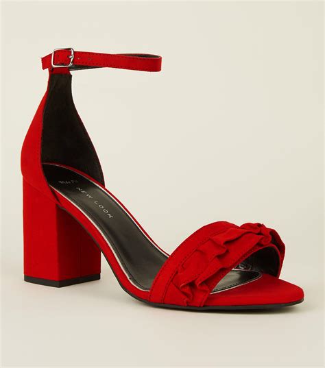 New Look Wide Fit Red Suedette Frill Front Block Heel Sandals Lyst