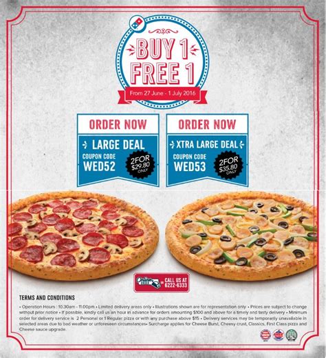 The details of the discount are as follows there are various dominos coupons for large pizza available and can be checked out in detail from the zouton website. Domino's Pizza: Buy 1 Get 1 Free Large/Xtra Large Pizza ...