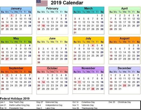 Free Download 2019 Calendar With Colorful Design And Holidays In Usa