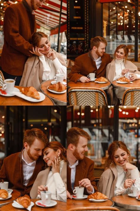 Влюбленная пара в кафе во Франции едят круассаны и пьют кофе Around