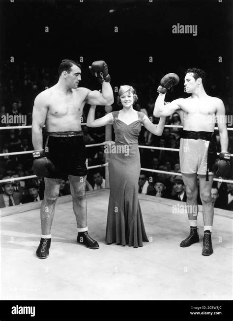 Primo Carnera Myrna Loy And Max Baer In Boxing Ring On Set Candid