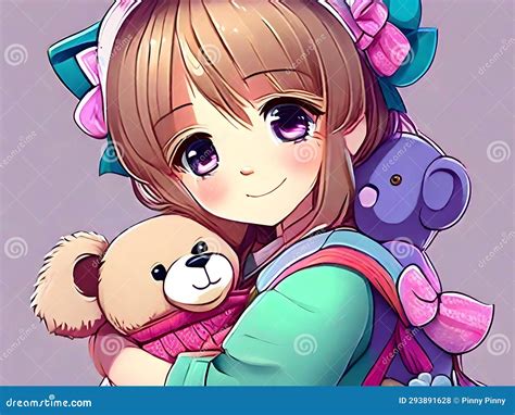 An Adorable Anime Girl Hugging Her Teddy Bear Doll With Cute Pose