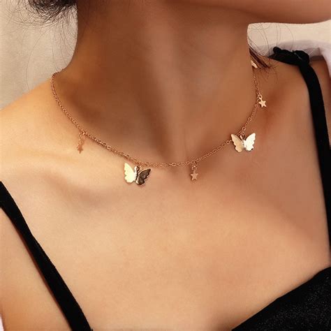 Butterfly Choker Necklace For Women Girls Simple Chain Star Pendant