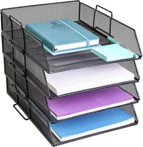 Desk Organizer Stackable Letter File Document Paper Tray 2 Tier Mesh Metal Black Office Supplies