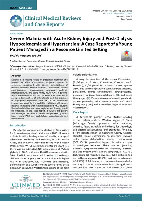 Pdf Severe Malaria With Acute Kidney Injury And Post Dialysis