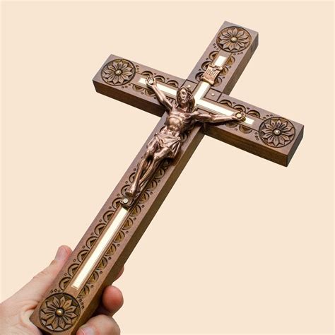Hand Carved Wall Crucifix Catholic Wood Wall Cross For Home Etsy