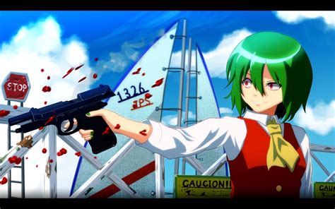 Video Games Touhou Guns Blood Weapons Red Eyes Short Hair Green Hair Kazami Yuuka Anime Girls