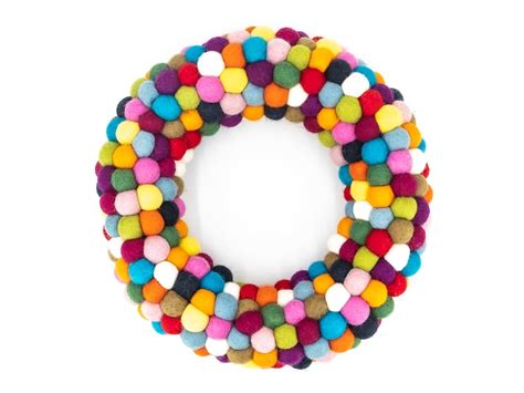 Wool Felt Ball Wreath With Hand Felted Multicolor Pom Pom Etsy