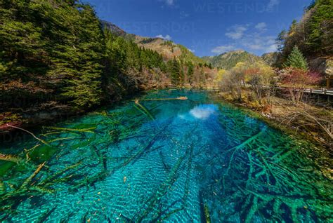 Aerial View Of Blue Water At The National Park Jiuzhaigou China Stock
