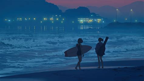 Anime Girls Beach Surfboard Sea 4k 4210h Wallpaper Pc Desktop