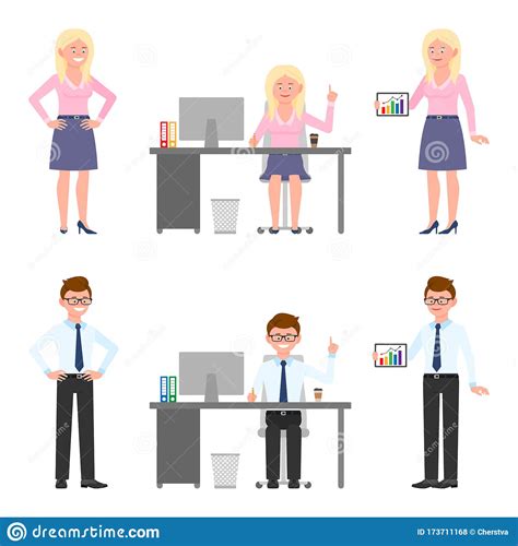 Happy Smiling Office Man, Woman Vector. Sitting, Writing, Standing With ...
