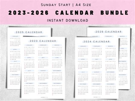 Yearly Calendar Printable 2023 2024 2025 2026 Calendar Etsy
