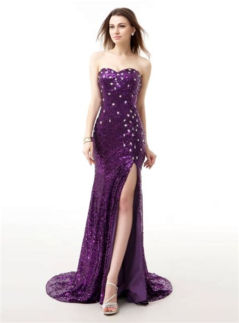 Purple Sequins Mermaid Sweetheartr Neck Prom Dress With Crystal