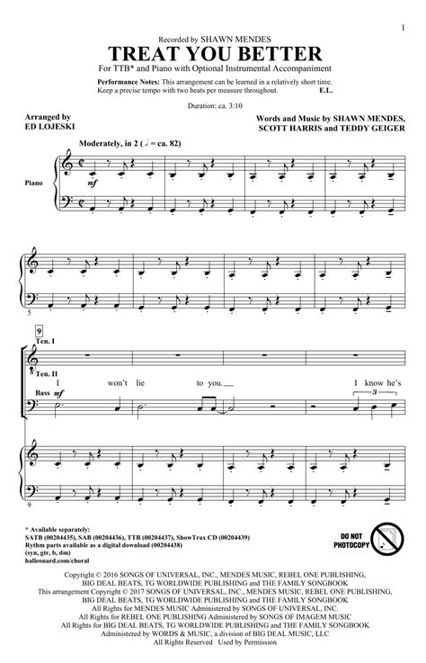 Shawn Mendes Treat You Better Arr Ed Lojeski Sheet Music And Pdf