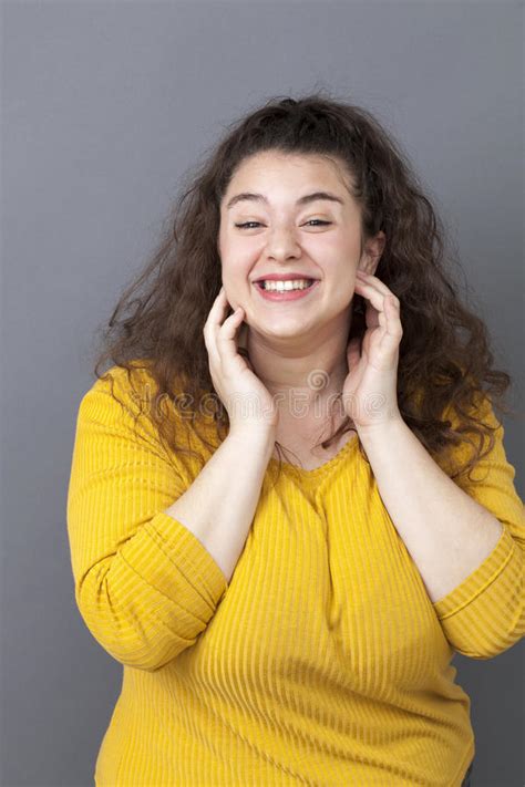 Laughing Big 20s Woman With Long Brown Hair Breathing Wellbeing Stock