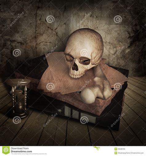 Ancient skull with books stock illustration. Illustration of danger ...