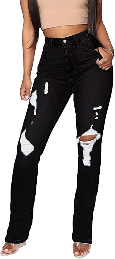 Womens Ripped Straight Jeans Raw Split Side Hem Pants High Waist Long Bottom With Hole Black Xl