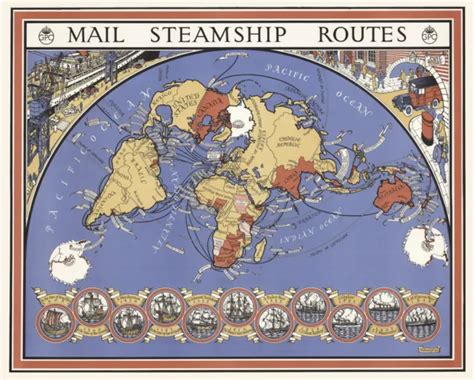 Vintage Illustrated World Map Mail Steam Ship Routes Canvas Print A3