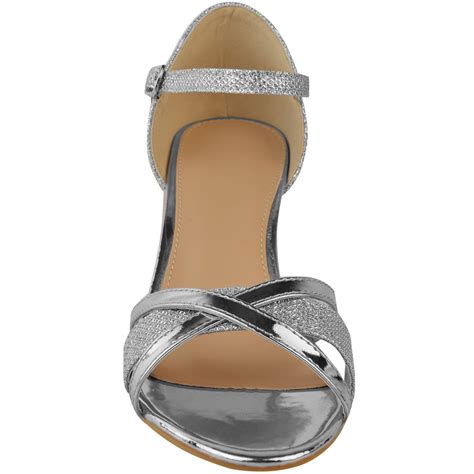 Womens Ladies Low Heel Wedding Bridal Silver Sandals Party Strappy