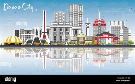 davao city philippines skyline with gray buildings blue sky and reflections vector