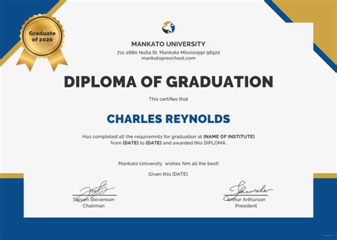 Printable Blank Editable Diploma Of Graduation Certificate Psd Template