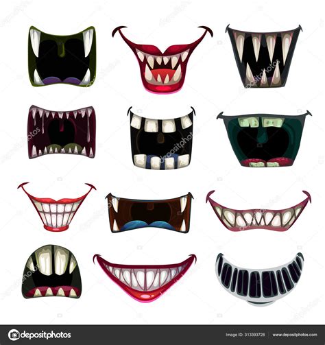 Creppy Fantasy Monsters Mouth Set Vector Scary Jaws Collection Stock