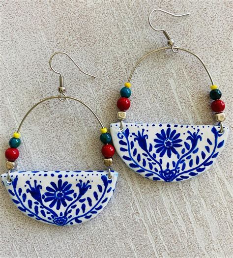 Blue And White Mexican Folk Art Otomi Hoop Earrings Etsy Hand