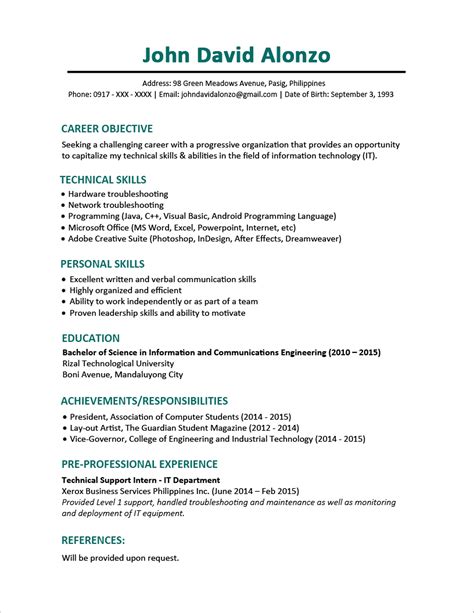 sample resume format  fresh graduates  page format