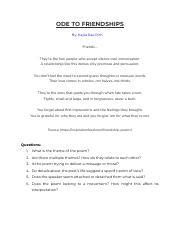 Poem Analysis Of Ode To Friendships Pdf ODE TO FRIENDSHIPS By Kayla