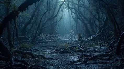 Scary Dark Wood Spooky Crooked Trees And Roots In Dark Fairy Forest